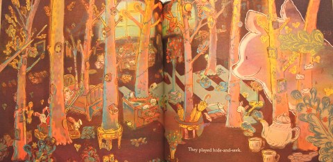 Light bulbs, hats, and envelopes grow on trees in this bedroom-turned-enchanted-forest where Melody and her dream friend hide from one another.