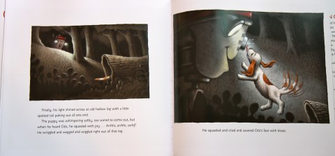 My children's favorite moment in the book, when Otis finds the puppy (by his tail poking out of a hollow log), and the latter "squealed and cried and covered Otis's face with kisses."