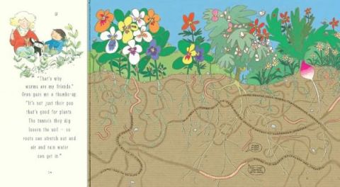 Here, the story continues on the side, while the worms take front stage with their tunnels and word bubbles.