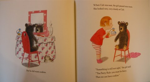 "Tea Party Rule: you must be fancy." And so the girl spritzes the Cub with perfume (his sideways turned-up nose absolutely slays me).