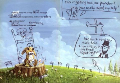 A call out to Matthew Myers who is responsible for the book's illustrations, perfect renditions of a child's hand and which lend the narrative a lightheartedness that downplays some of the violent language.