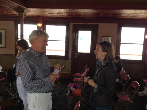 Courtesy of my husband's photography skills, here's a shot of me stalking Chris Van Dusen. Actually, he's schooling me on the correct pronunciation of gouache. But he is, of course, very nice about it. :)